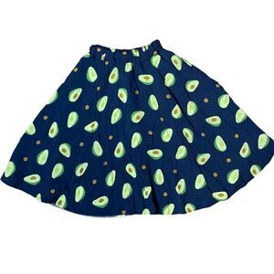 Womens Happy Avocado Print Full Skirt Size XS Navy Blue Green Lined Pull On